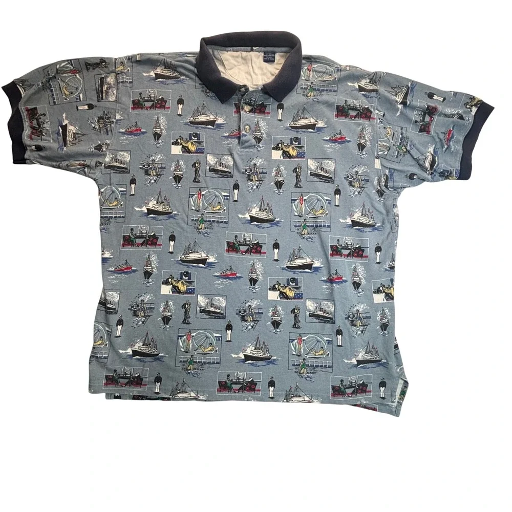 VTG 80s Ralph Lauren‎ Polo Shirt Blue Cruise Ship Nautical Sailing Yacht XXL